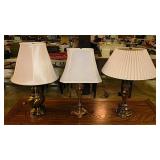 3 brass table lamps w/ linen shades