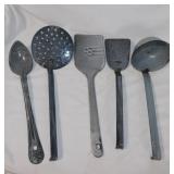 Antique graniteware long handled kitchen utensils