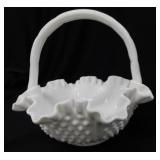 Vintage Fenton milk glass hobnail ruffled basket