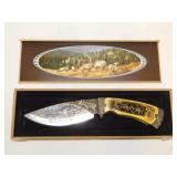 Carved elk collector knife in box, 5" stainless