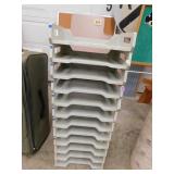 12 stacking organizer trays: each tray is 13.5"W