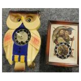 Vintage Mi-ken pendulette owl wall clock w/