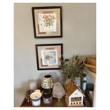 2- 13"W x 13"H Framed Wall Art, Frosted 9.5" Vase