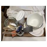 2 pc. 14' Oval White Stoneware Platters, 9' Glass