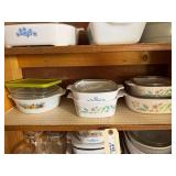 6 corningware dishes with 4 glass lids and 1