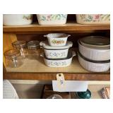 6 corningware dishes with 4 glass lids, 3 glass