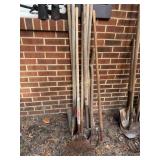Metal leaf rake, square shovels, pickaxe, axe,