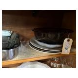 Serving platters, Pyrex mixing bowls, stainless