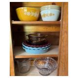 Misc glass mixing bowls, rose glass sauce pans