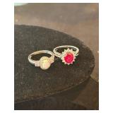 2- .925 Sterling Rings, Opal and Red Stone, Size