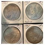4- Peace Silver Dollars- 1922, 1923, 1923, 1927