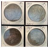 4- Peace Silver Dollars- 1922, 1922, 1923, 1925