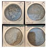 4- Peace Silver Dollars- 1922, 1923-D, 1923, 1922
