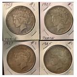4- Peace Silver Dollars- 1922, 1922, 1923, 1925