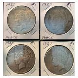 4- Peace Silver Dollars- 1922, 1922, 1925, 1927
