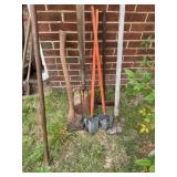 Metal rake, pitchfork, pecan collectors, hoe,