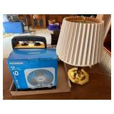 Brass articulating desk lamp with khaki shades,