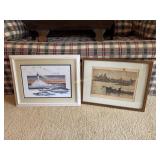 Two nautical pictures, one pin and ink