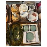 Green Carnival glass footed oval bowl, sage green