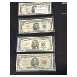 3- 1953 $5 Silver Certificates and 1- 1963 Red