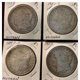 4- Morgan Silver Dollars- 1921, 1921-S, 1897-S,