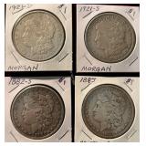 4- Morgan Silver Dollars- 1921-D, 1921-S, 1882-S,