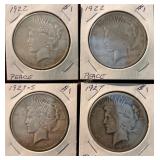 4- Peace Silver Dollars- 1922, 1922, 1923-S, 1927