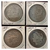 4- Morgan Silver Dollars- 1921, 1921-D, 1881,