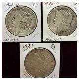 3- Morgan Silver Dollars- 1881-O, 1900-O, 1921