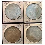 4- Peace Silver Dollars- 1922, 1923, 1923, 1923