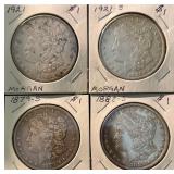 4- Morgan Silver Dollars- 1921, 1921-S, 1879-S,