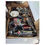 2 boxes of kitchen utensils and variety of