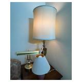 38ï¿½ Tall brass table lamp with beige lampshade,