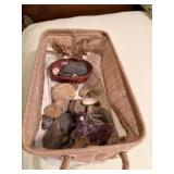 3 hurricane lamps, bag of rocks/geodes, 3 wide