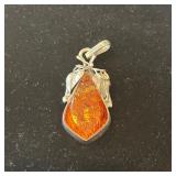 Ornate Baltic Amber Pendant Set in Sterling,