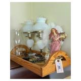 Oak wooden TV tray with 2- Hobnail milk glass