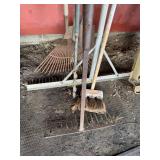 2- cross cut rake, cement drag, shovel, leaf