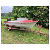 Red/white 15' custom craft boat on 16' trailer.