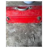 Vintage grey steel foldout tool box filled with
