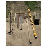 2- framing squares, machete, 4' masonry level,