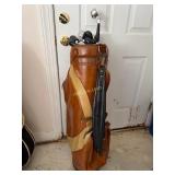 Brown Leather Golf Bag with Several Golf Clubs