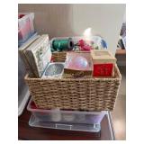 3 Containers of Ribbon, Holiday Cards, Ornaments,