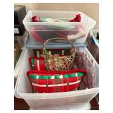 2 Containers of Stockings, Pillow, and Decorative