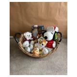 Two Handled Wicker Basket Full of Stuffed Animals