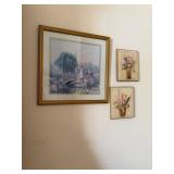 3 Vintage Style Floral Paintings, Woman On Bridge