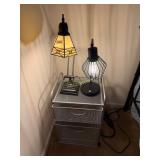 Two Desktop Lamps and a Grey Metal Mesh 2 Drawer