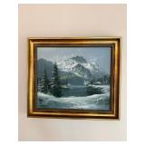 Framed Winter Mountain Scene Oil Painting,