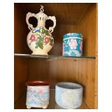 2 Shelves of Floral Pottery, Vintage Cream