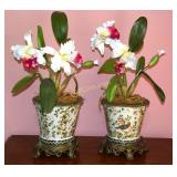 Pair of fine porcelain & brass planters with