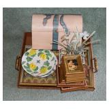 Lot containing serving platter, 6 framed prints,